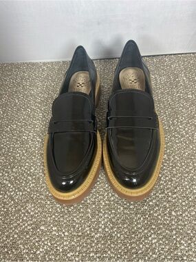 Vince Camaro Black Patent Leather Penny Loafers with Tan Platform Sole Size 8.5